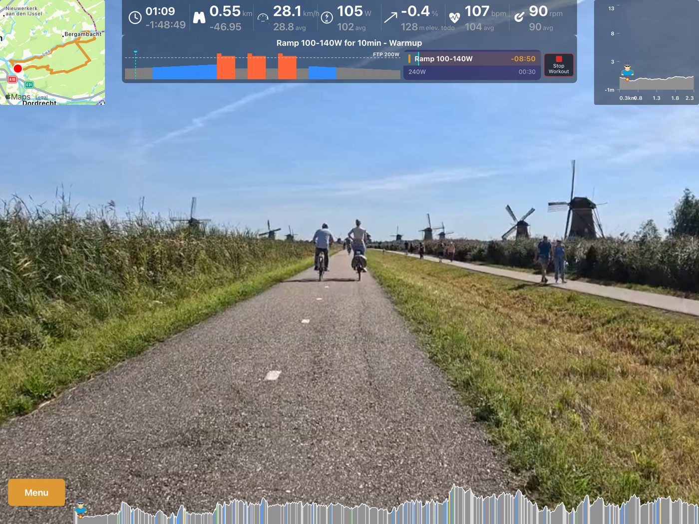 A workout ridden on a tablet, with live data, route map and elevation profile