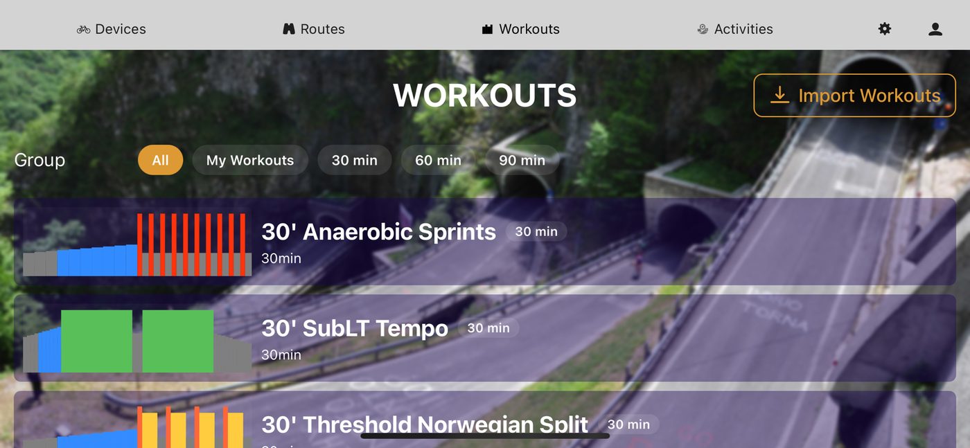 The workout library on a phone, filtered by duration